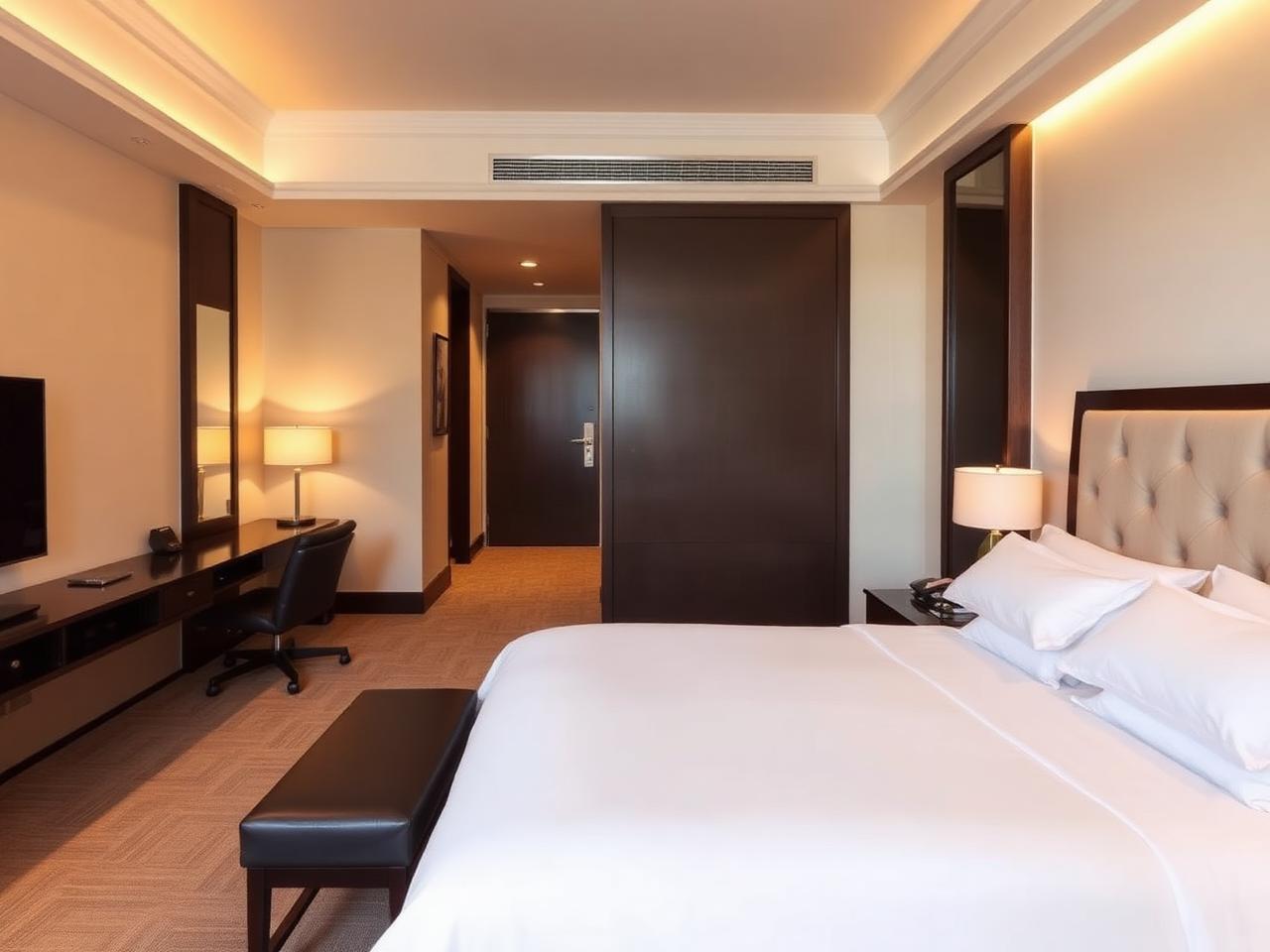 Luxury suite with king bed, work desk and warm ambient lighting