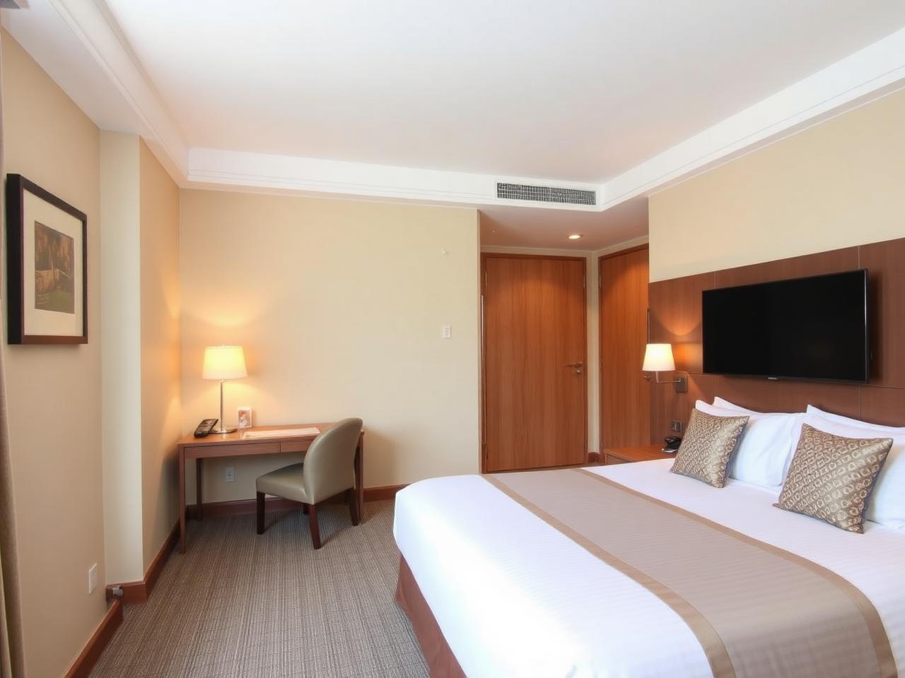 Standard guesthouse room with queen bed and work area